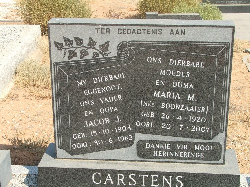 CARSTENS Jacob J. 1904-1983 &amp; Maria M. BOONZAAIER 1920-2007