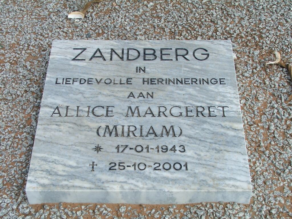 ZANDBERG Allice Margeret 1943-2001