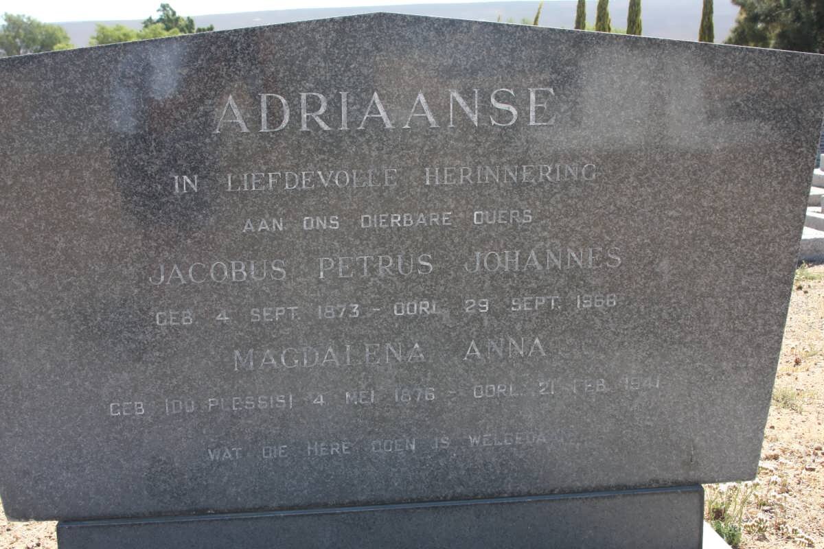 ADRIAANSE Jacobus Petrus Johannes 1873-1966 &amp; Magdalena Anna DU PLESSIS 1876-1941