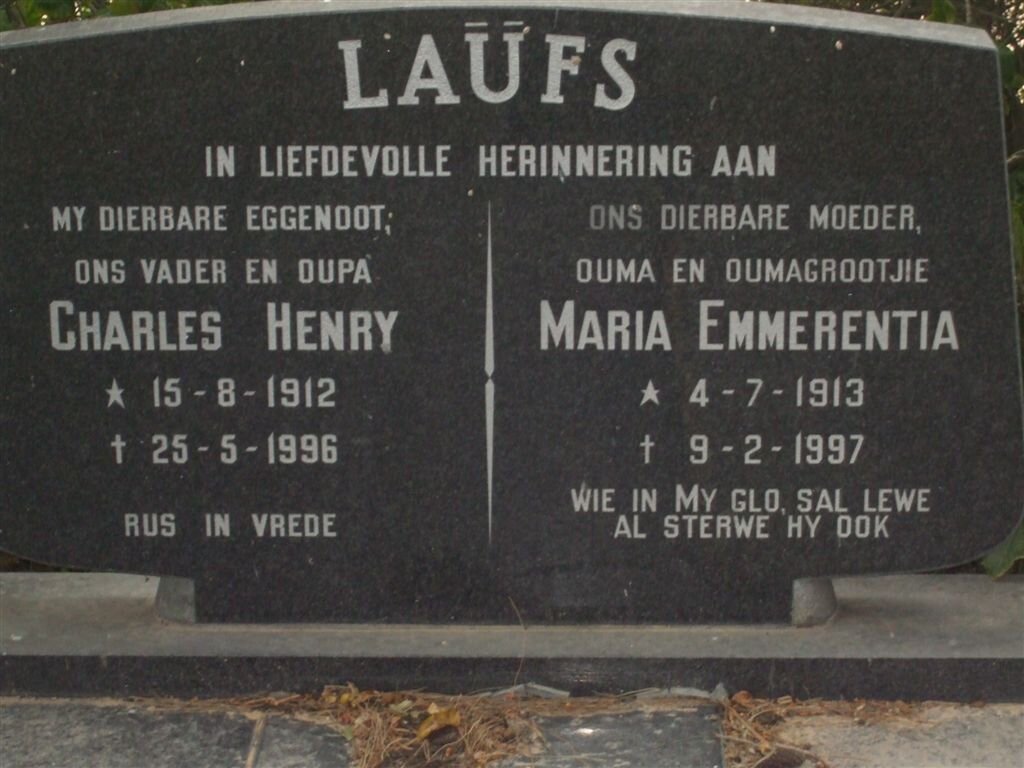 LAUFS Charles Henry 1912-1996 &amp; Maria Emmerentia 1913-1997