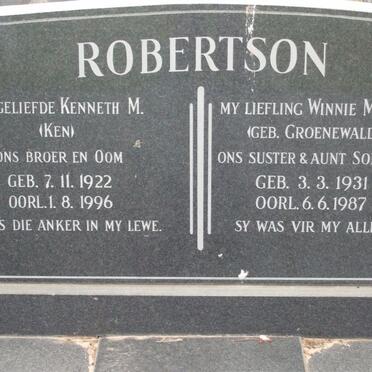 ROBERTSON Kenneth M. 1922-1996 &amp; Winnie M.P.G. GROENEWALD 1931-1987