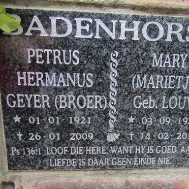 BADENHORST Petrus Hermanus Geyer 1921-2009 &amp; Mary LOUW 1922-2018