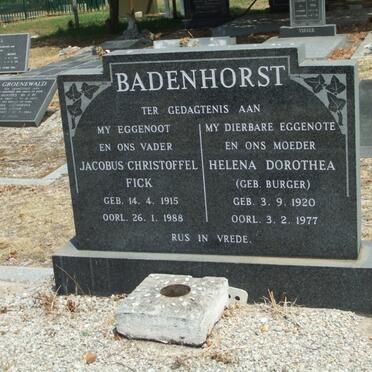 BADENHORST Jacobus Christoffel Fick 1915-1988 &amp; Helena Dorothea BURGER 1920-1977