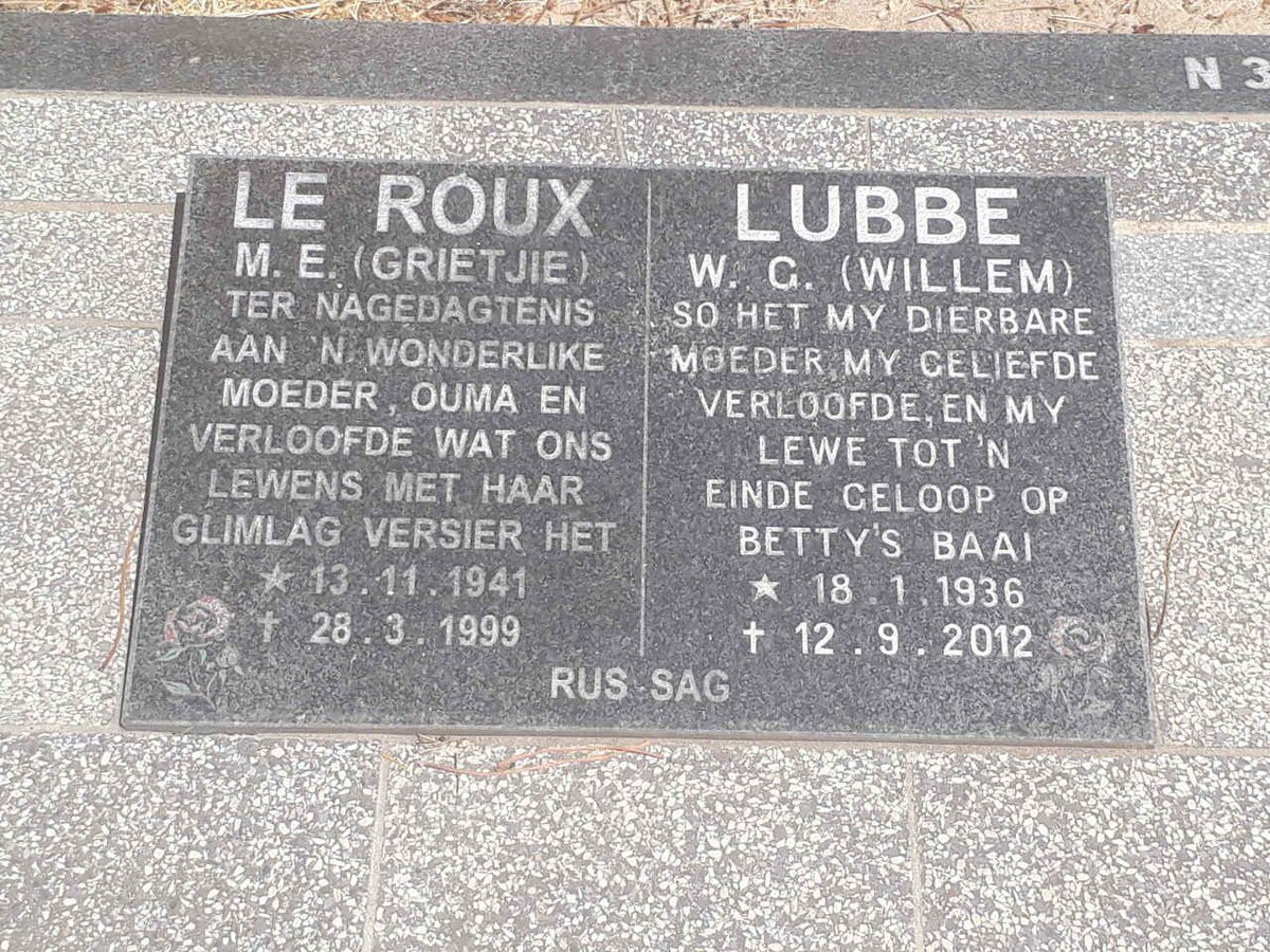 LUBBE W.G. 1936-2012 :: LE ROUX M.E. 1941-1999