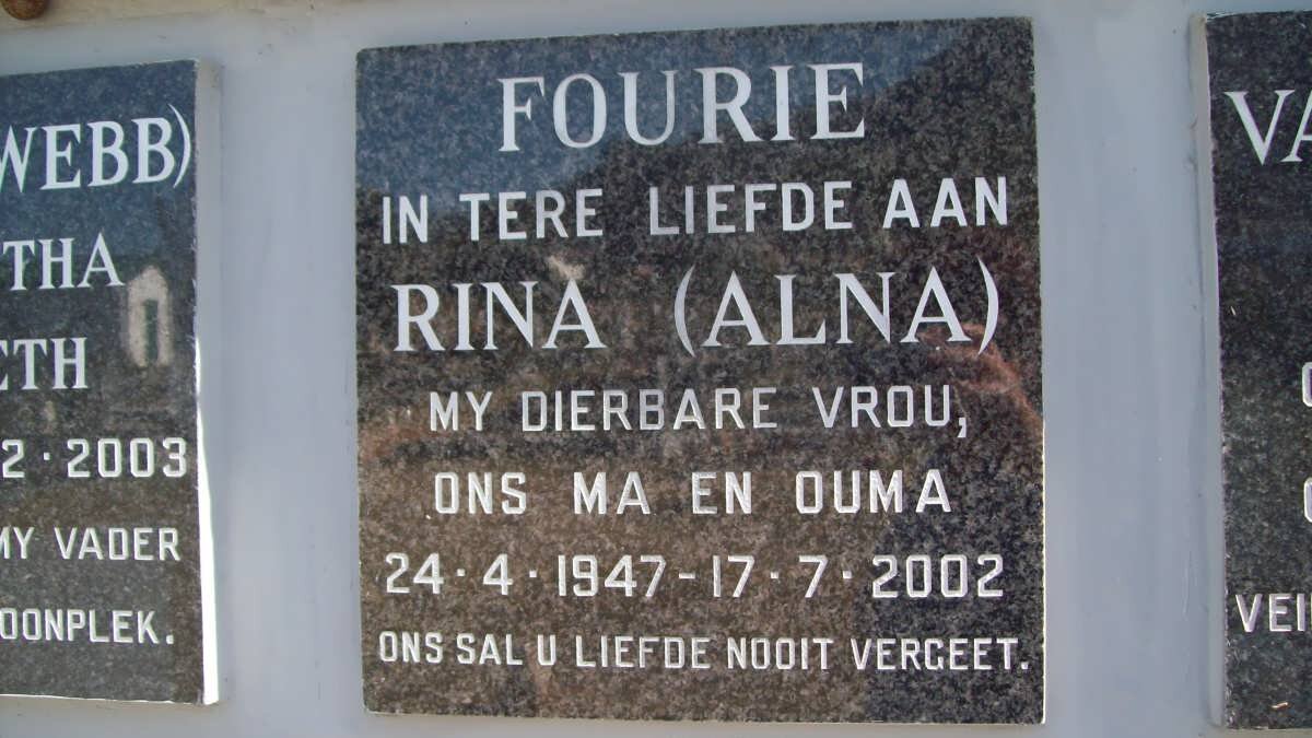 FOURIE Rina (Alna) 1947-2002