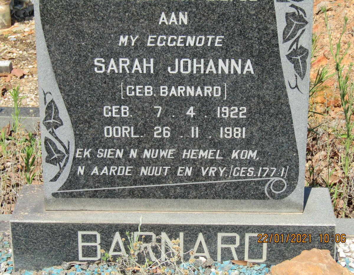 BARNARD Sarah Johanna nee BARNARD 1922-1981