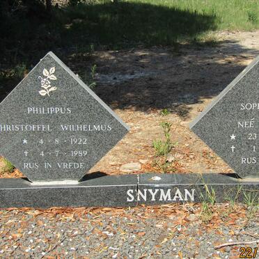 SNYMAN Philippus Christoffel Wilhelmus 1922-1989 &amp; Sophia M. BOTHA 1931-1984