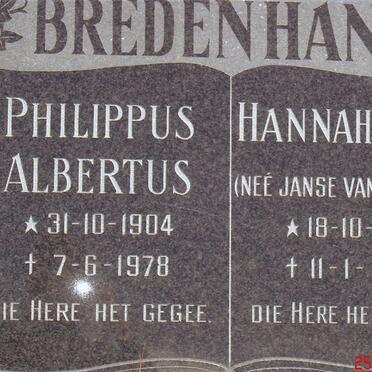 BREDENHANN Philippus Albertus 1904-1978 &amp; Hannah M.J. JANSE VAN RENSBURG 1905-1992