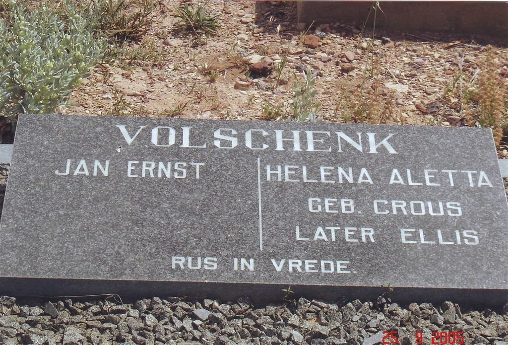 VOLSCHENK Jan Ernst &amp; Helena Aletta ELLIS nee CROUS