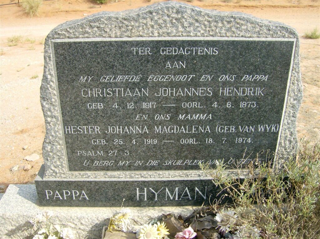 HYMAN Christiaan Johannes Hendrik 1917-1973 &amp; Hester Johanna Magdalena VAN WYK 1919-1974 