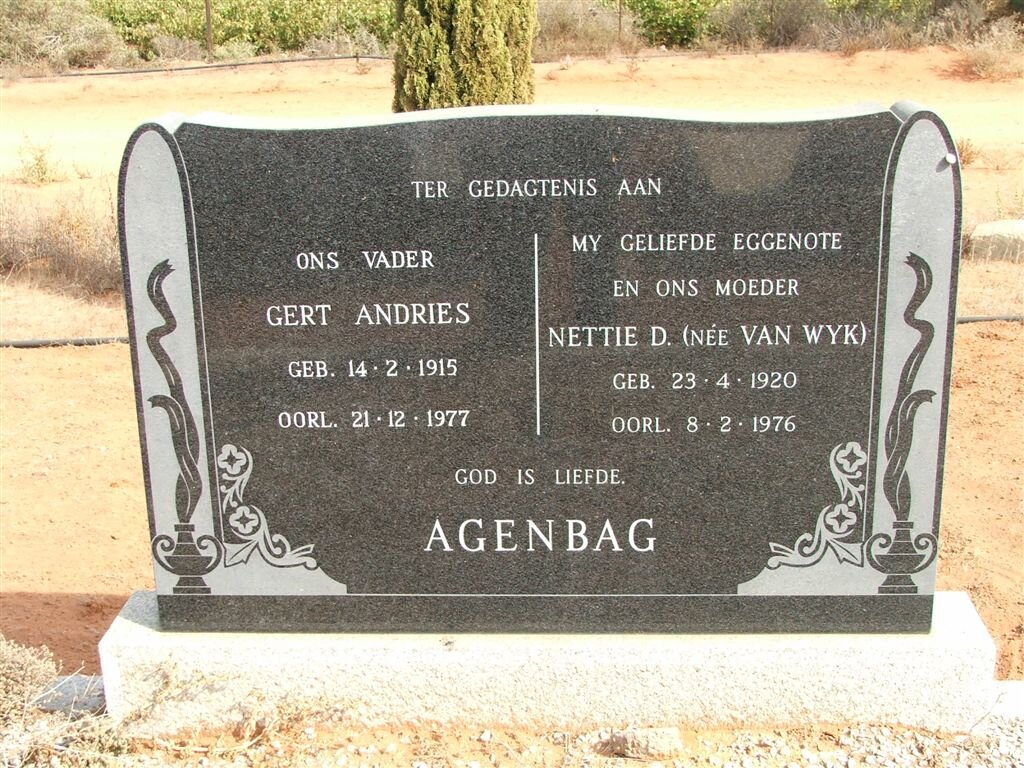 AGENBAG Gert Andries 1915-1977 &amp; Nettie D. VAN WYK 1920-1976 