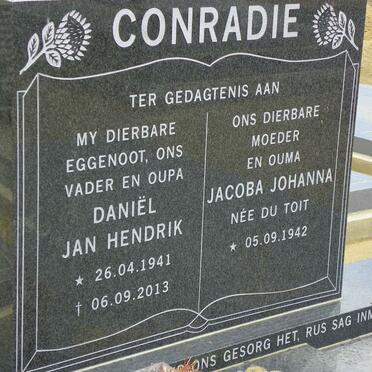 CONRADIE Daniel Jan Hendrik 1941-2013 &amp; Jacoba Johanna DU TOIT 1942-