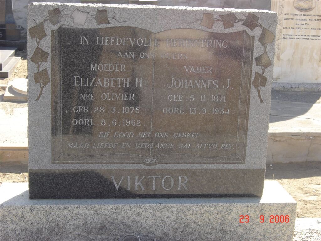 VIKTOR Johannes J. 1870-1934 &amp; Elizabeth H. OLIVIER 1875-1962