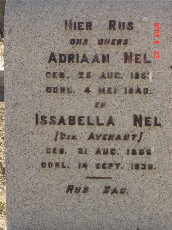 NEL Adriaan 185?-1940 &amp; Issabella AVENANT 1858-1939