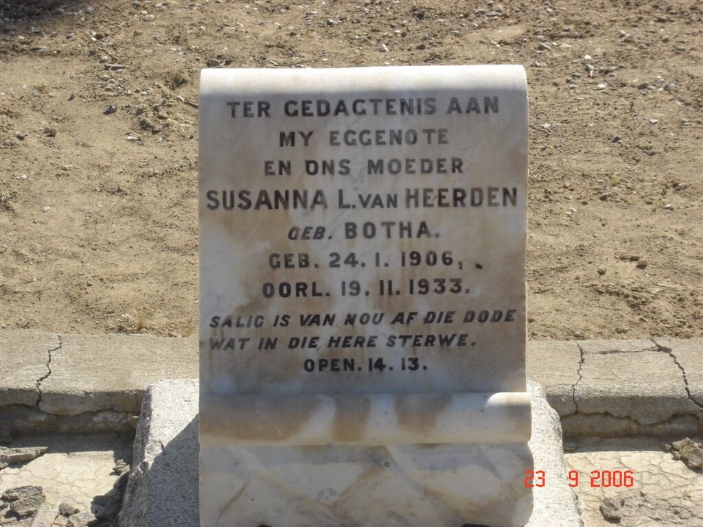 HEERDEN Susanna L., van nee BOTHA 1906-1933