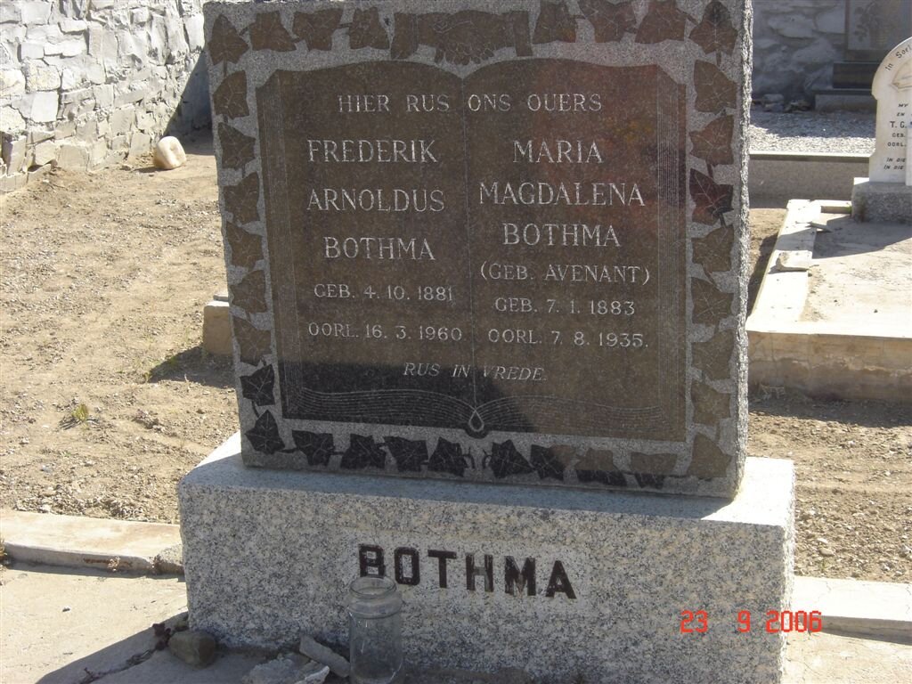 BOTHMA Frederik Arnoldus 1881-1960 &amp; Maria Magdalena AVENANT 1893-1935