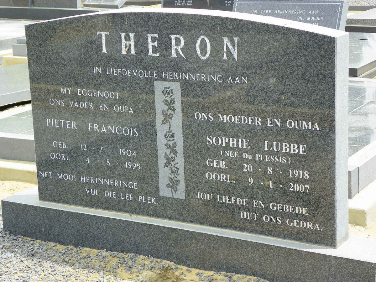 THERON Pieter Francois 1904-1995 &amp; Sophie Lubbe DU PLESSIS 1918-2007