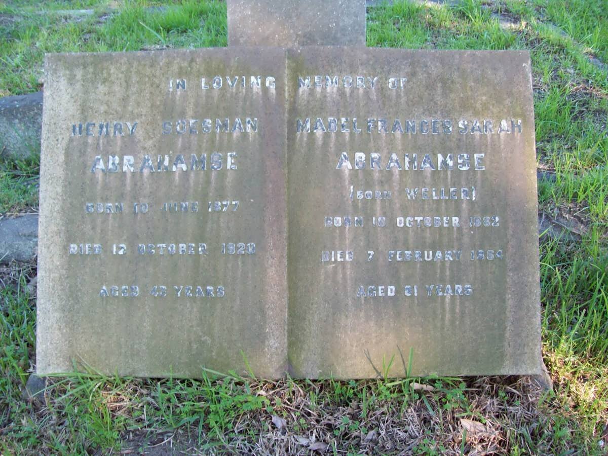 ABRAHAMSE Henry Soesman 1877-1922 &amp; Mabel Frances Sarah WELLER 1882-1964