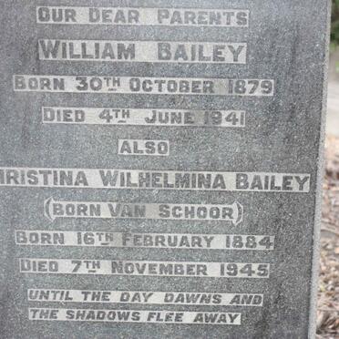 BAILEY William 1879-1941 &amp; Christina Wilhelmina VAN SCHOOR 1884-1945