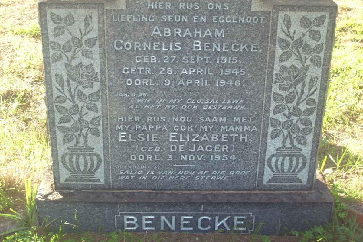 BENECKE Abraham Cornelis 1915-1946 &amp; Elsie Elizabeth DE JAGER -1954