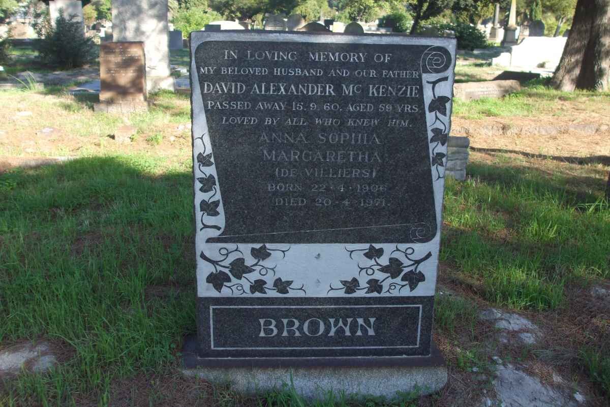 BROWN David Alexander Mc Kenzie  -1960 &amp; Anna Sophia Margaretha DE VILLIERS 1906-1971