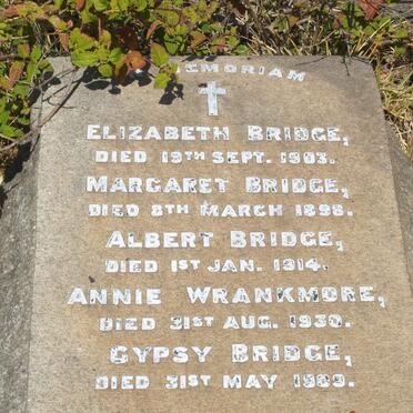 BRIDGE Elizabeth -1903 :: BRIDGE Margaret -1898 :: BRIDGE Albert -1914 :: BRIDGE Gypsy -1909 :: WRANKMORE Annie -1930