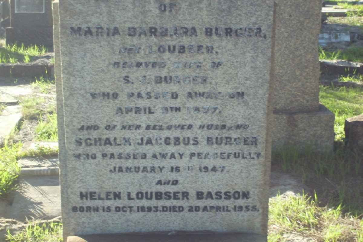 BURGER Schalk Jacobus -1947 &amp; Maria Barbara LOUBSER -1937 :: BASSON Helen Loubser 1893-1955