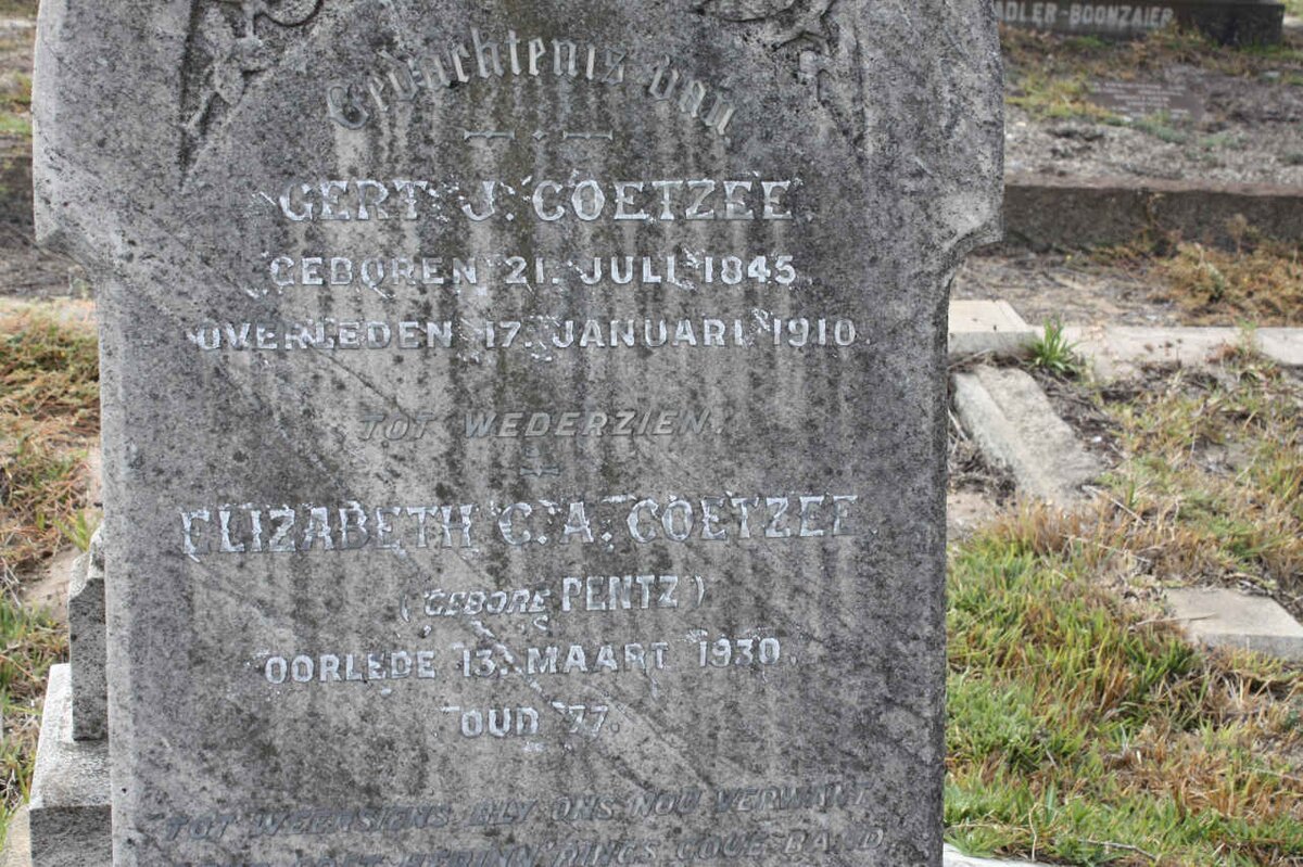 COETZEE Gert 1845-1910 &amp; Elizabeth C.A. PENTZ -1930