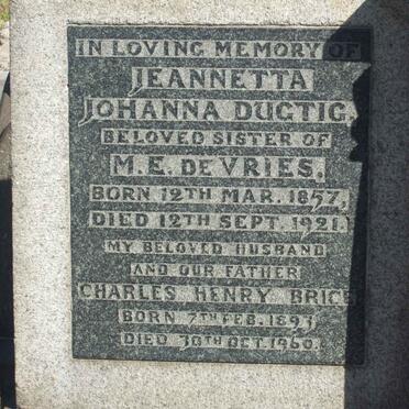 DUGTIG Jeanetta Johanna 1857-1921 :: BRICE Charles Henry 1893-1960