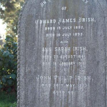 IRISH John Philip  -1923 &amp; Ann Sarah 1861-1910 :: IRISH Edward James 1882-1893
