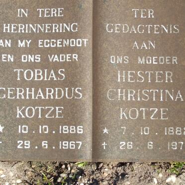 KOTZE Tobias Gerhardus 1886-1967 &amp; Hester Christina 1882-1973