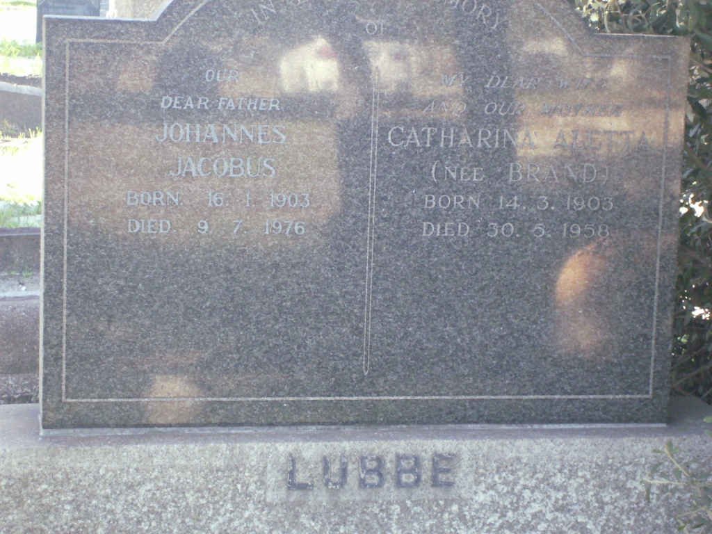LUBBE Johannes Jacobus 1903-1976 &amp; Catherina Aletta BRAND 1903-1958