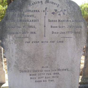 MERWE ? Johanna, v.d. nee LEIBBRANDT 1865-1914 :: V.D. MERWE Sarah Martin 1898-1899