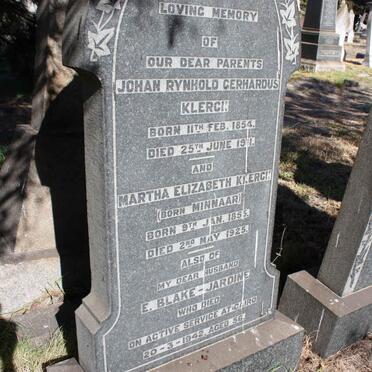 KLERCK Johan Rynhold Gerhardus 1854-1911 &amp; Martha Elizabeth MINNAAR 1855-1925 :: JARDINE E., Blake -1942