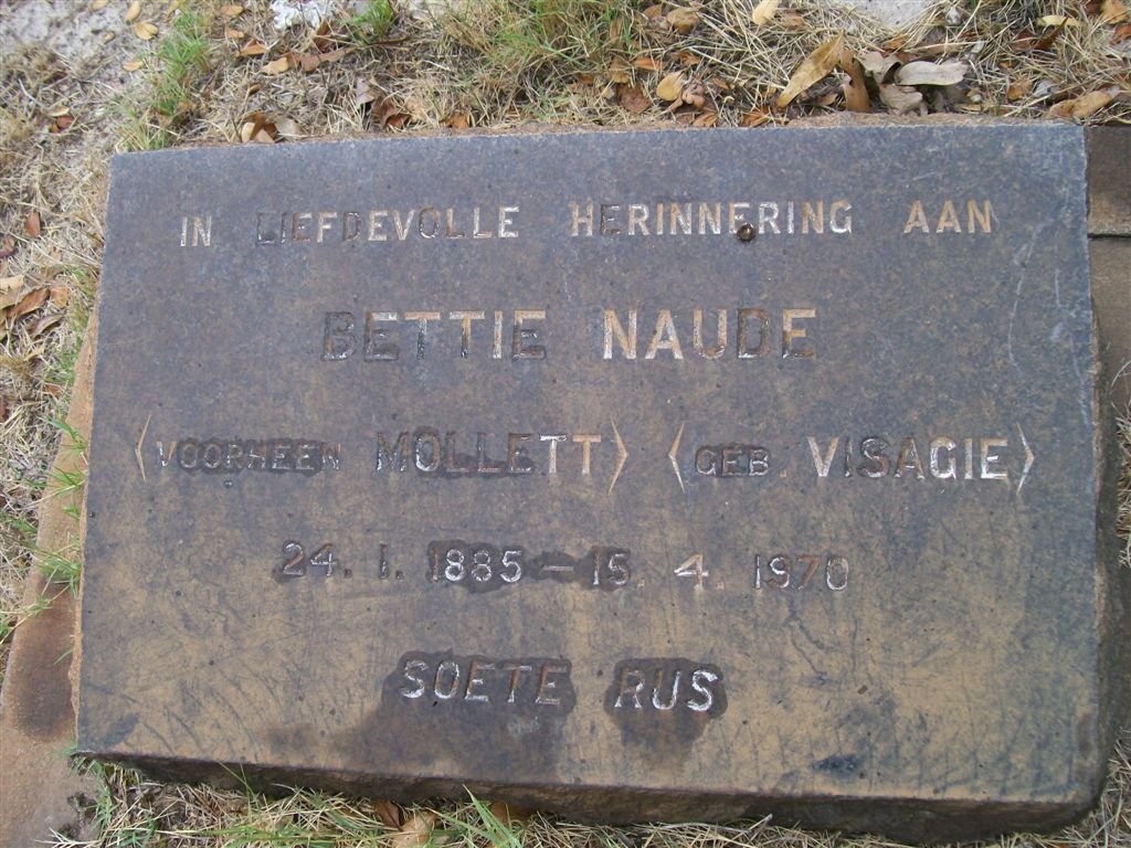 NAUDE Bettie formerly MOLLETT nee VISAGIE 1885-1970