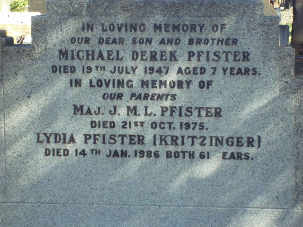 PFISTER J.M.L.  -1975 &amp; Lydia KRITZINGER -1986 :: PFISTER Michael Derek -1947 