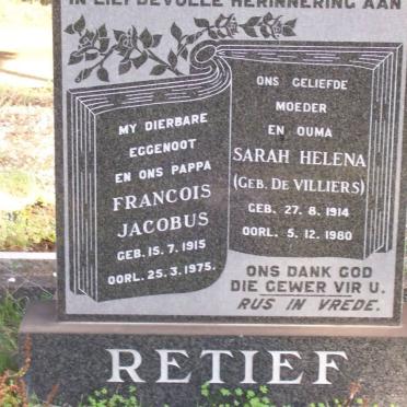 RETIEF Francois Jacobus 1915-1975 &amp; Sarah Helena DE VILLIERS 1914-1980