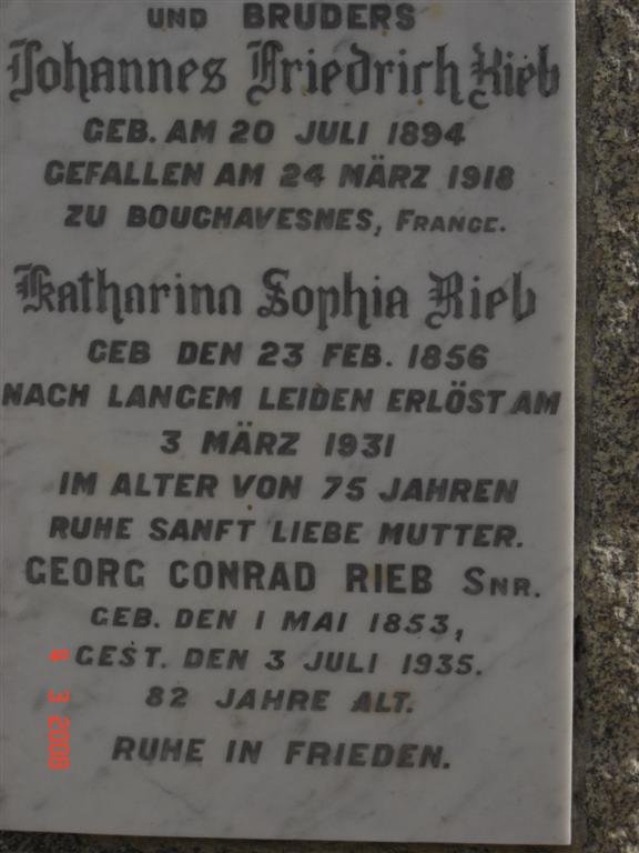 RIEB Georg Conrad 1853-1935 &amp; Katharina Sophia 1856-1931 :: RIEB Johannes Friedrich 1894-1918