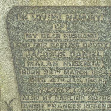 ROSENOW Jacobus Daniel Malan 1864-1945 &amp; Anne Frances