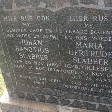 SLABBER Johan Hanotius 1886-1974 &amp; Maria Gertrude GILLESPIE -1958