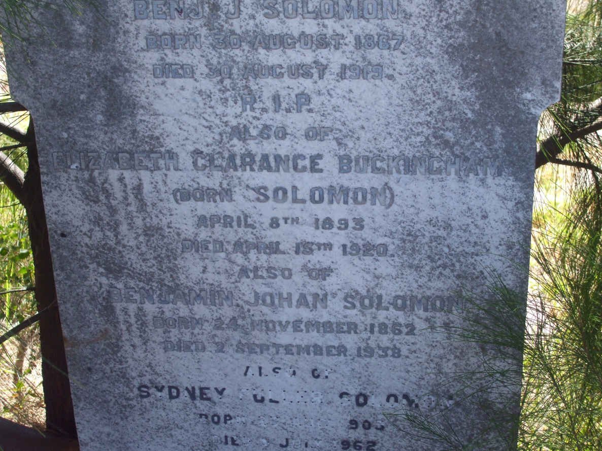 BUCKINGHAM Elizabeth Clarance nee SOLOMON 1893-1920 :: SOLOMON Benjamin Johan 1862-1938