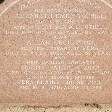 TOTHILL Elizabeth Emily nee CLARKE -1952 :: ZINN Allan Cecil -1952 &amp; Vera Elaine Louise -1970 :: ZINN Elaine Patricia -1946
