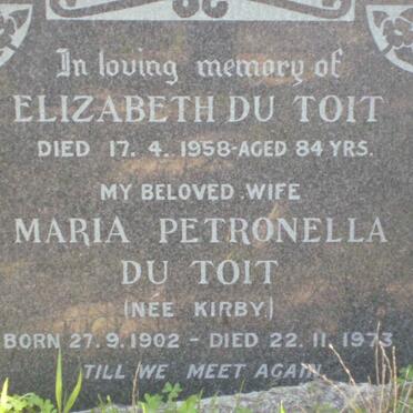TOIT Maria Petronella, du nee KIRBY  -1902-1973 :: DU TOIT Elizabeth  -1958 