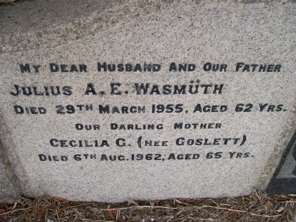 WASMUTH Julius A.E. -1955 &amp; Cecilia G. GOSLETT -1962