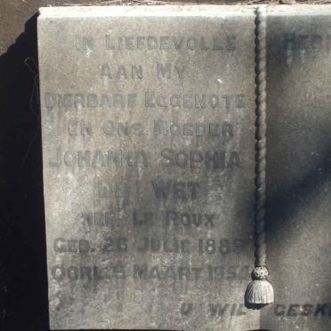 WET Johanna Sophia, de nee LE ROUX 1889-1954