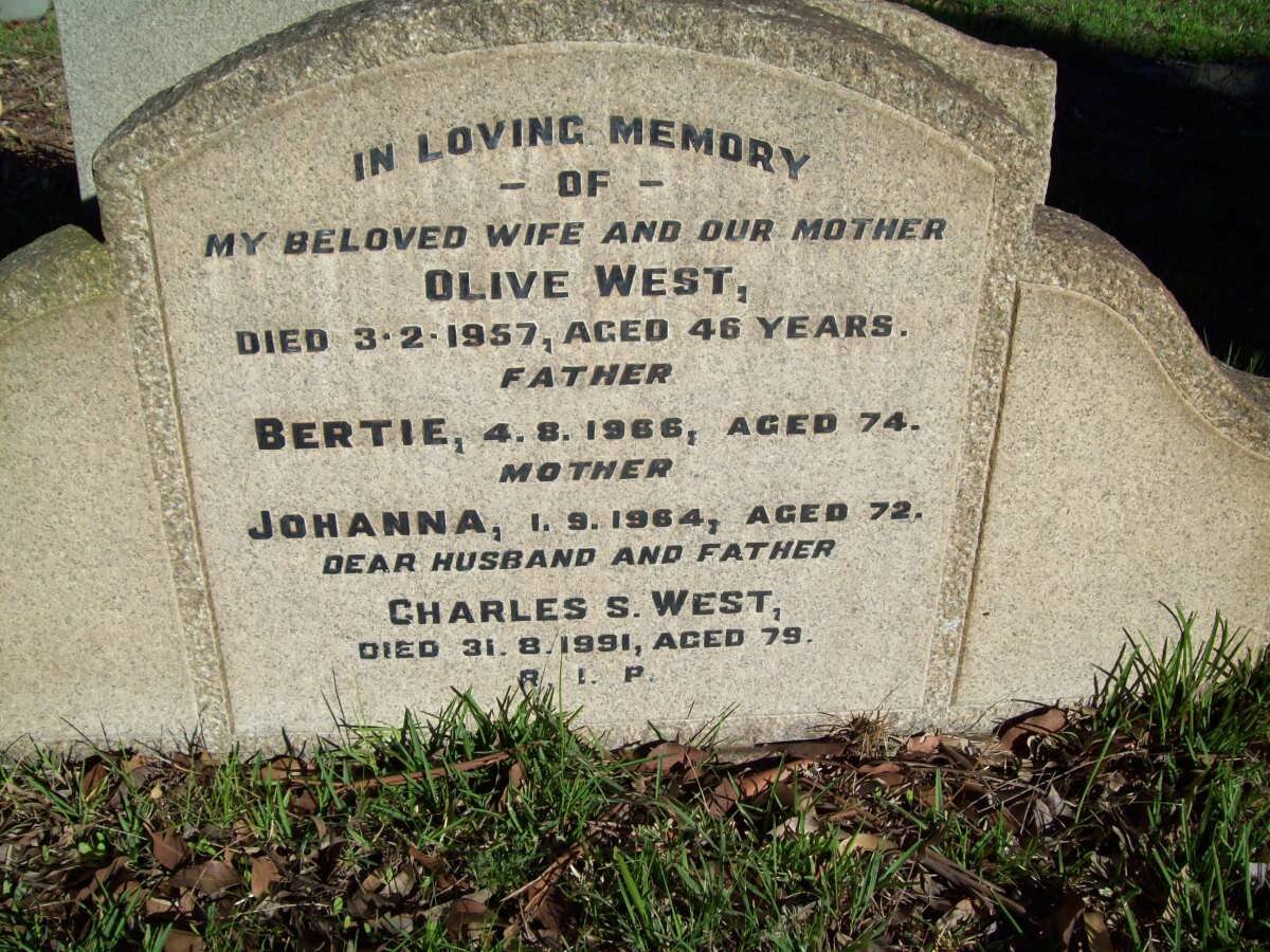 WEST Olive -1957 :: WEST Bertie -1966 :: WEST Johanna -1964 :: WEST Charles S. 1991
