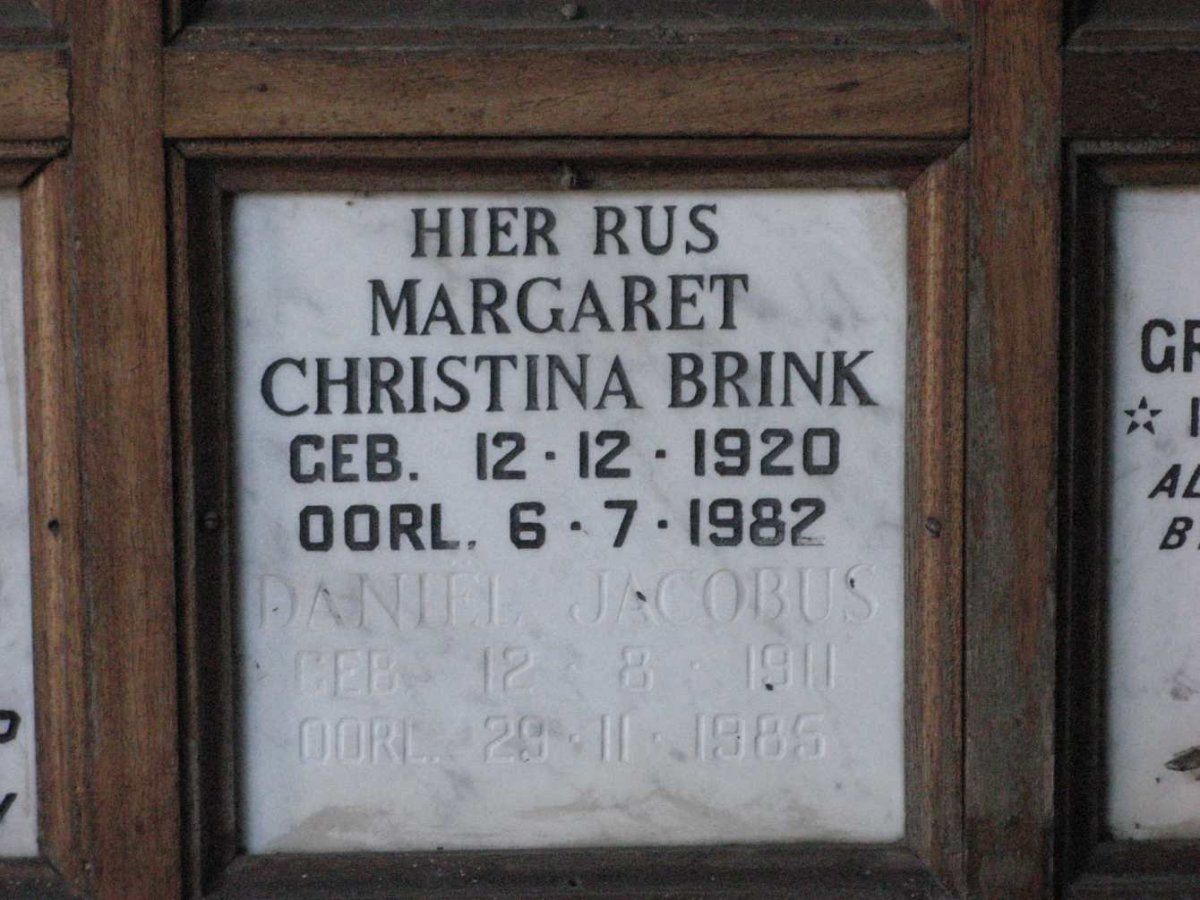 BRINK Daniel Jacobus 1911-1985 &amp; Margaret Christina 1920-1982