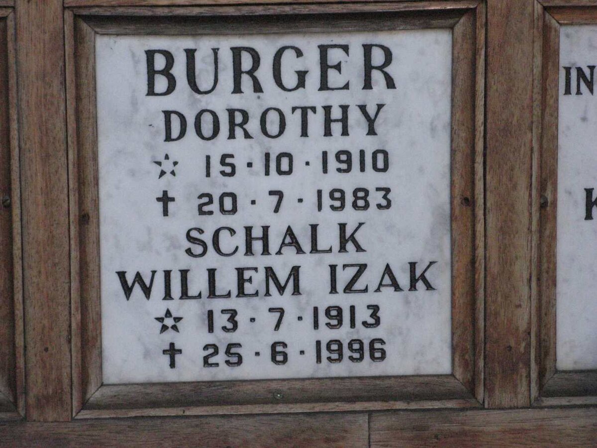 BURGER Schalk Willem Izak 1913-1996 &amp; Dorothy 1910-1983