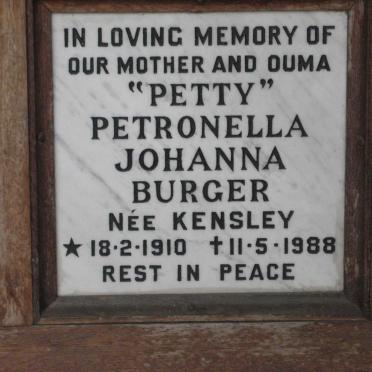 BURGER Petronella Johanna nee KENSLEY 1910-1988