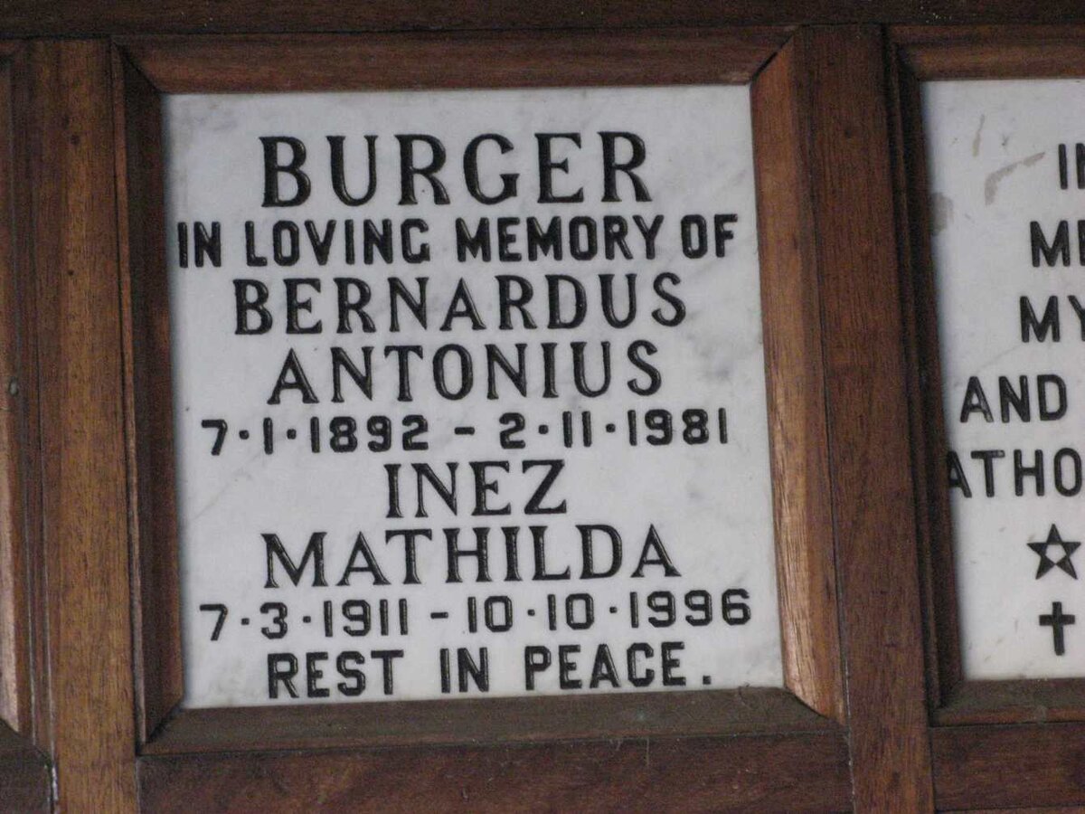 BURGER Bernardus Antonius 1892-1981 &amp; Inez Mathilda 1911-1996